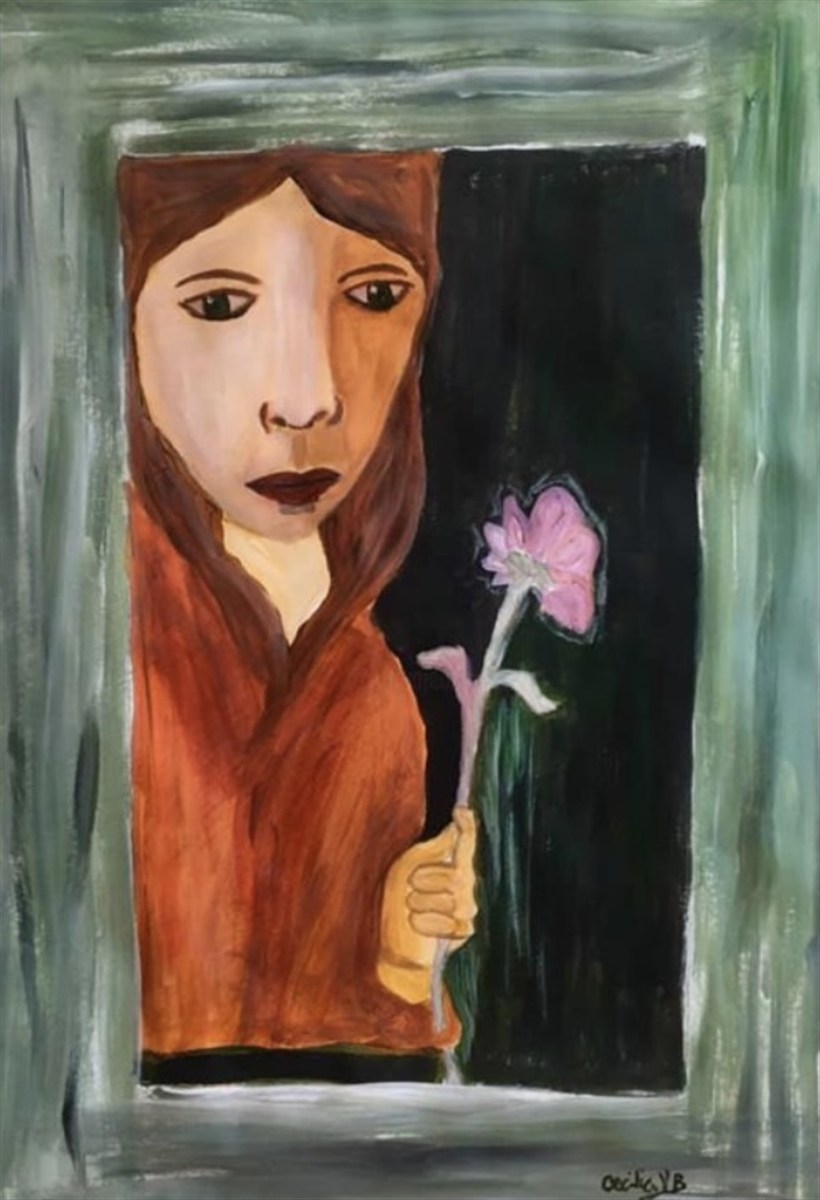 THE FLOWER AT THE WINDOW — óleo sobre papel, 42x59cm, de Cecília Vilas Boas