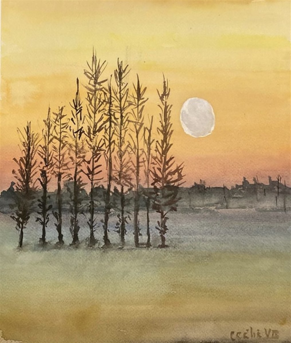 POPLARS AT DUSK — pintura em aguarela sobre papel, 29x42cm, de Cecília Vilas Boas