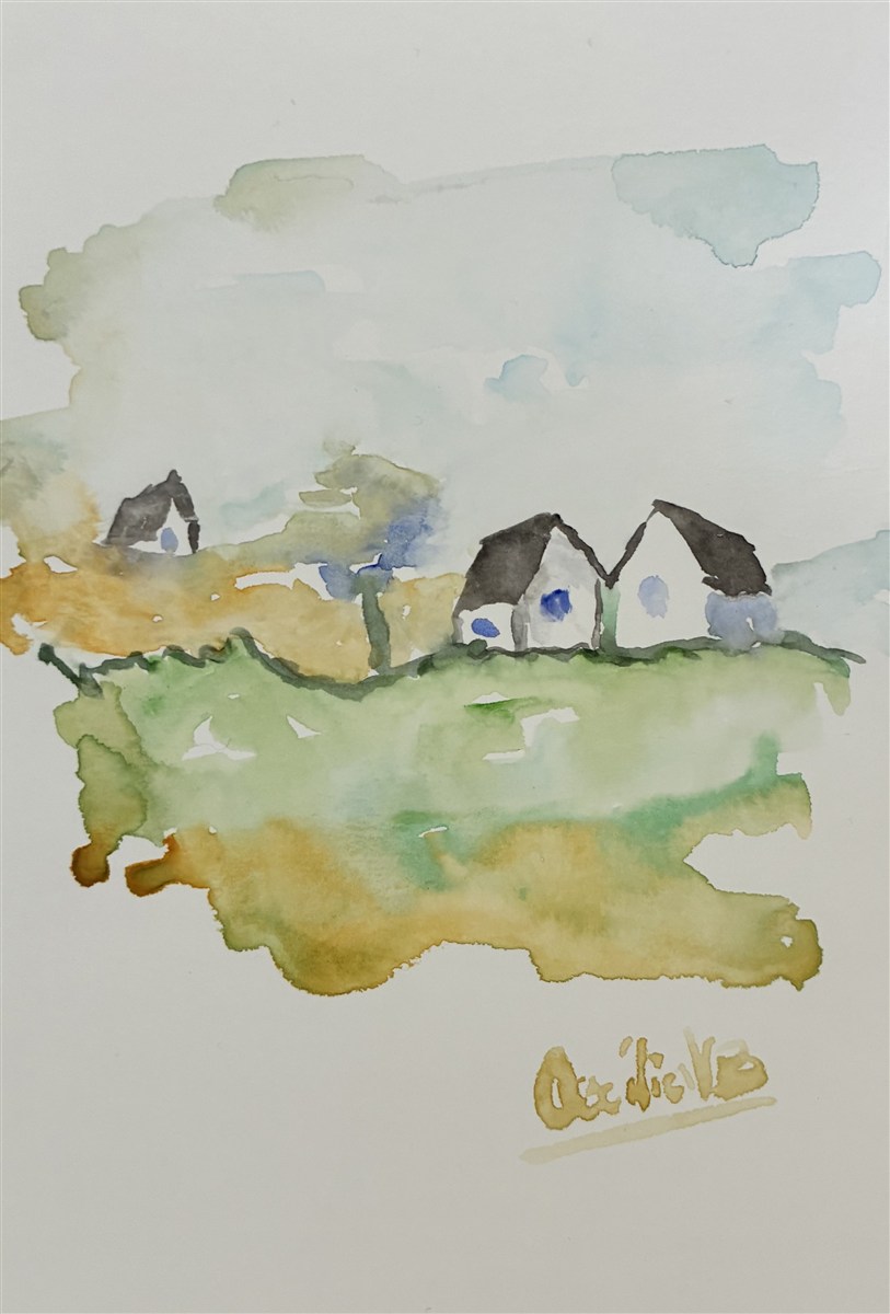 ALDEIA AO LONGE — aguarela sobre papel, 15x21cm, de Cecília Vilas Boas