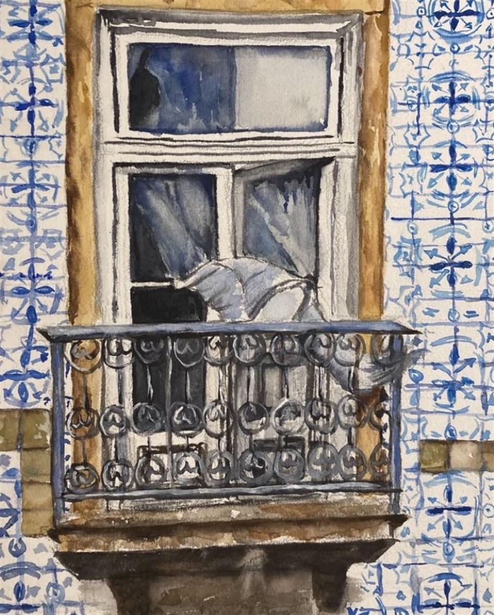 TILED BALCONY — aguarela sobre papel, 15x21cm, de Cecília Vilas Boas