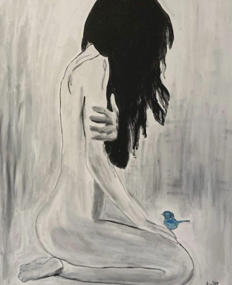 BIRD GIRL — pintura em acrílico sobre tela, 60x80cm, de Cecília Vilas Boas