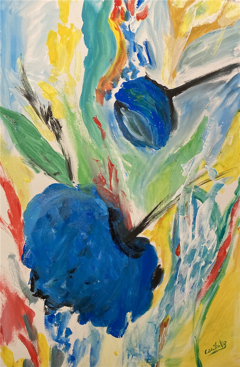 BLUE FLOWERS — pintura em acrílico sobre tela, 60x90cm, de Cecília Vilas Boas
