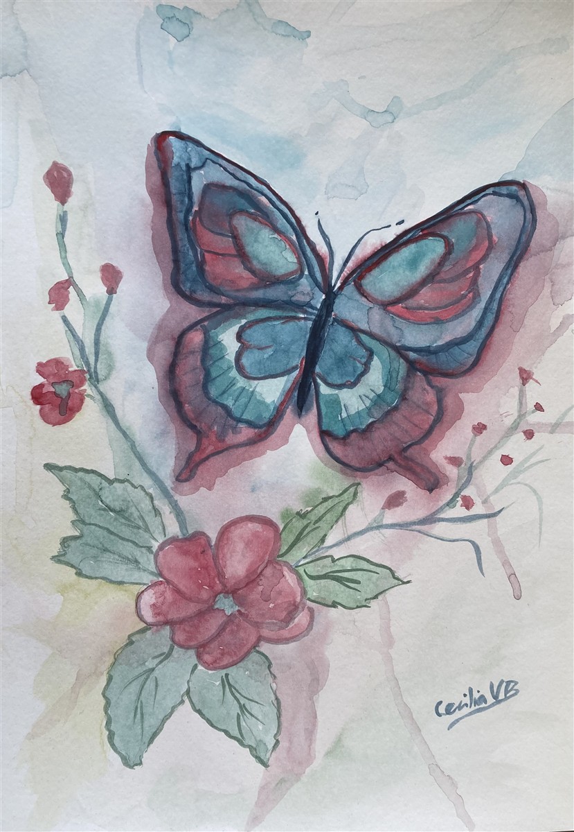 BORBOLETA RUBI — aguarela sobre papel, 29x42cm, de Cecília Vilas Boas