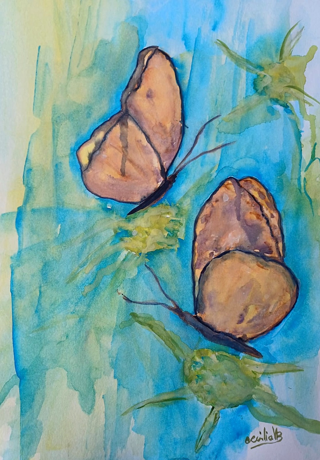 BORBOLETAS DOURADAS — aguarela sobre papel, 29x42cm, de Cecília Vilas Boas