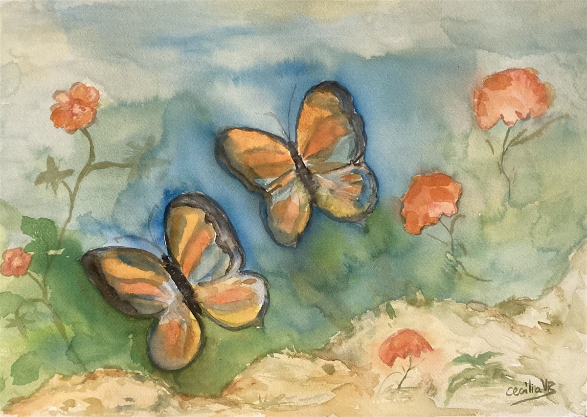 BORBOLETAS NO JARDIM — aguarela sobre papel, 29x42cm, de Cecília Vilas Boas