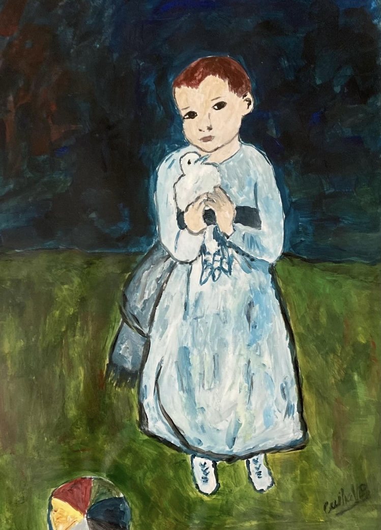 CHILD WITH A DOVE — óleo sobre papel, 29x42cm, de Cecília Vilas Boas