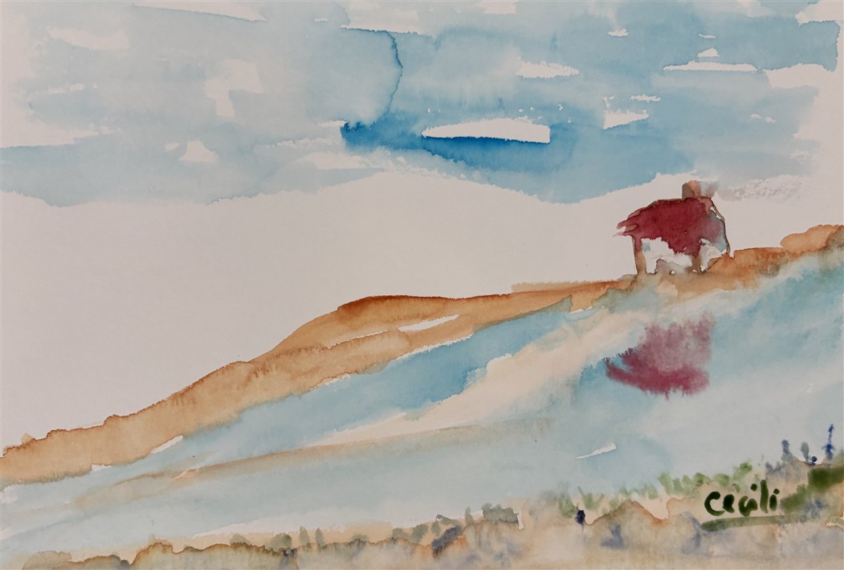 COLINA VERMELHA — aguarela sobre papel, 15x21cm, de Cecília Vilas Boas
