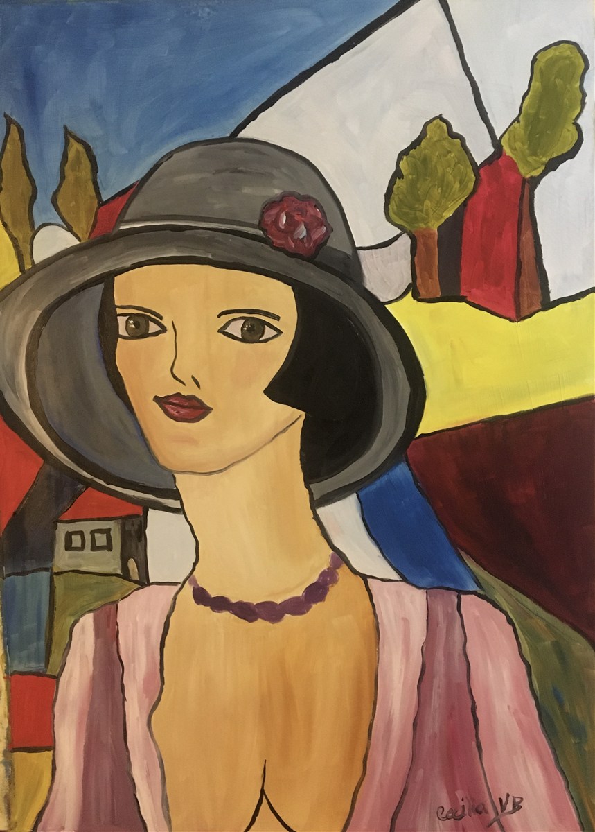 DAMA DO CHAPÉU — óleo sobre papel, 42x59cm, de Cecília Vilas Boas