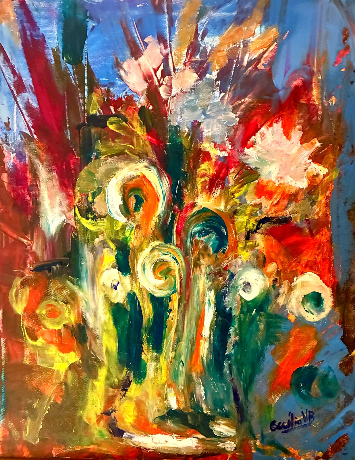 Depois da Chuva, pintura acrílica de Cecília Vilas Boas: ramo de flores em espiral, brancas, verdes, laranja e carmim, sobre fundo azul.