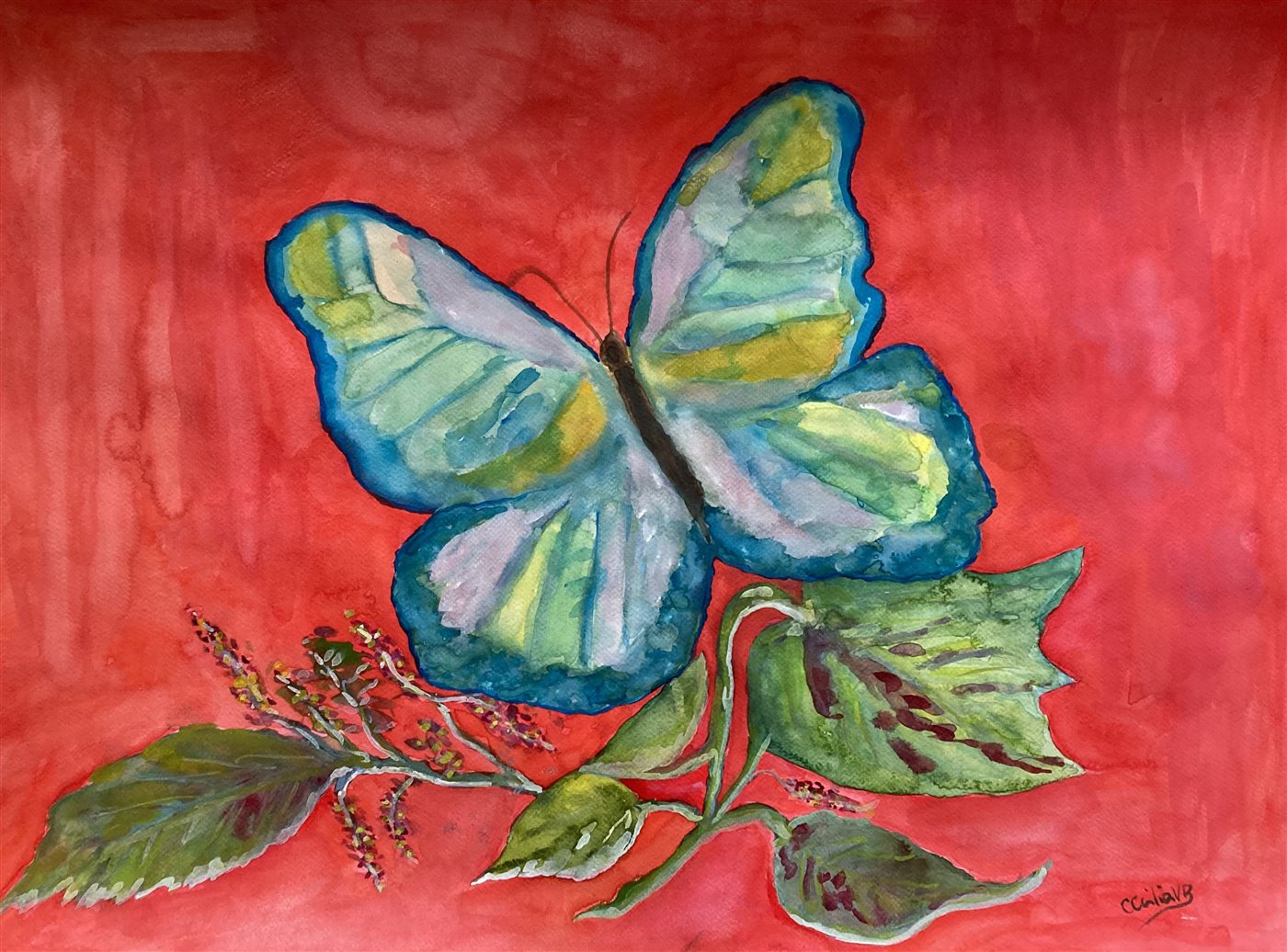EMERALD BUTTERFLY — aguarela sobre papel, 65x50cm, de Cecília Vilas Boas