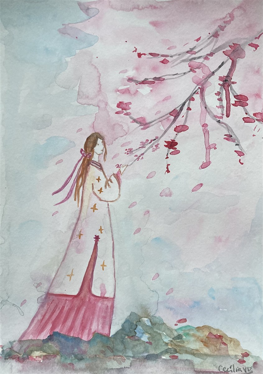 CHERRY BLOSSOM — aguarela sobre papel, 29x42cm, de Cecília Vilas Boas