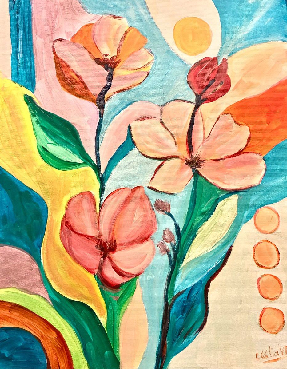 FLORES AO AMANHECER — pintura em acrílico sobre tela, 40x50cm, de Cecília Vilas Boas