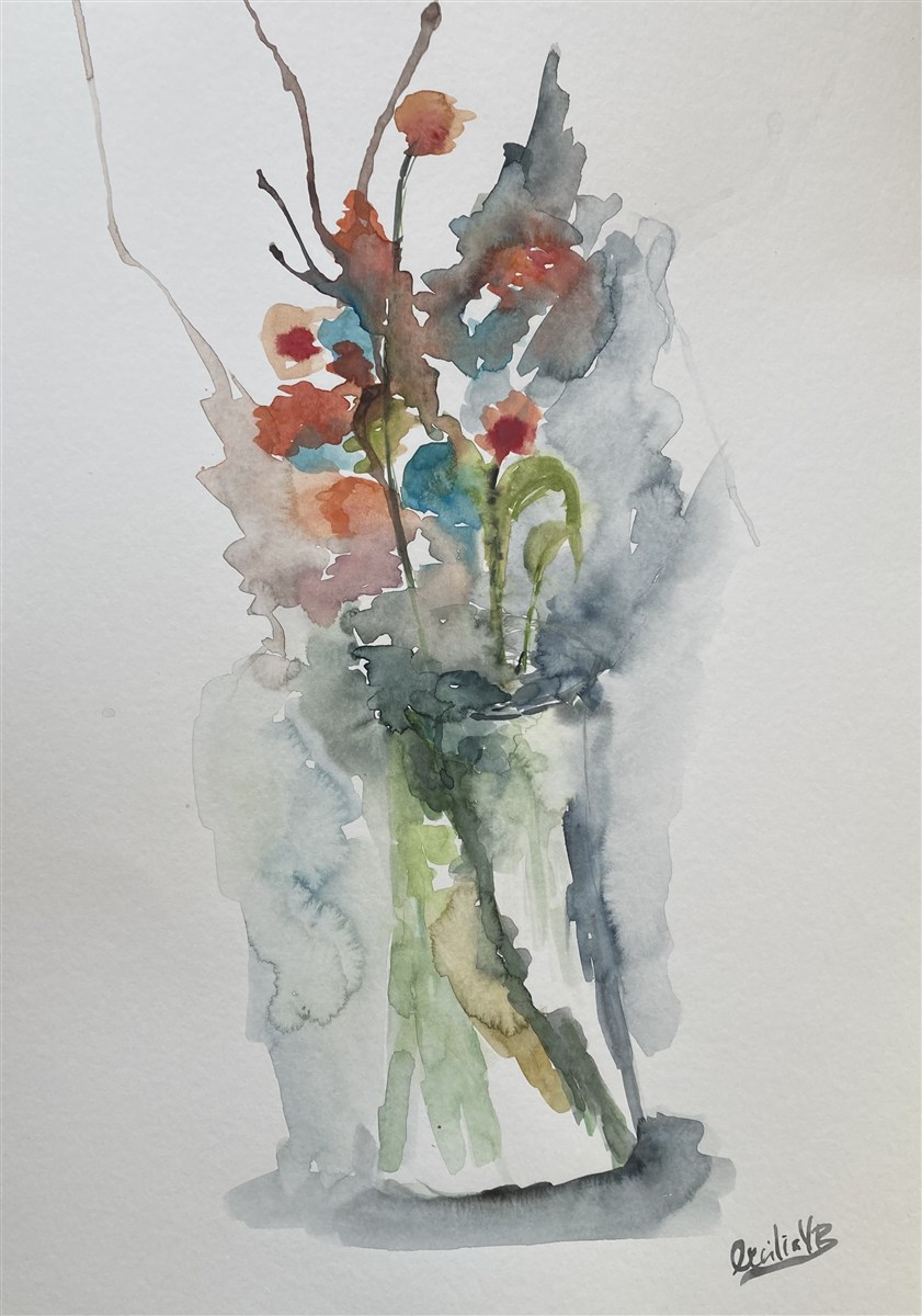 FLORES NO JARRO — aguarela sobre papel, 29x42cm, de Cecília Vilas Boas