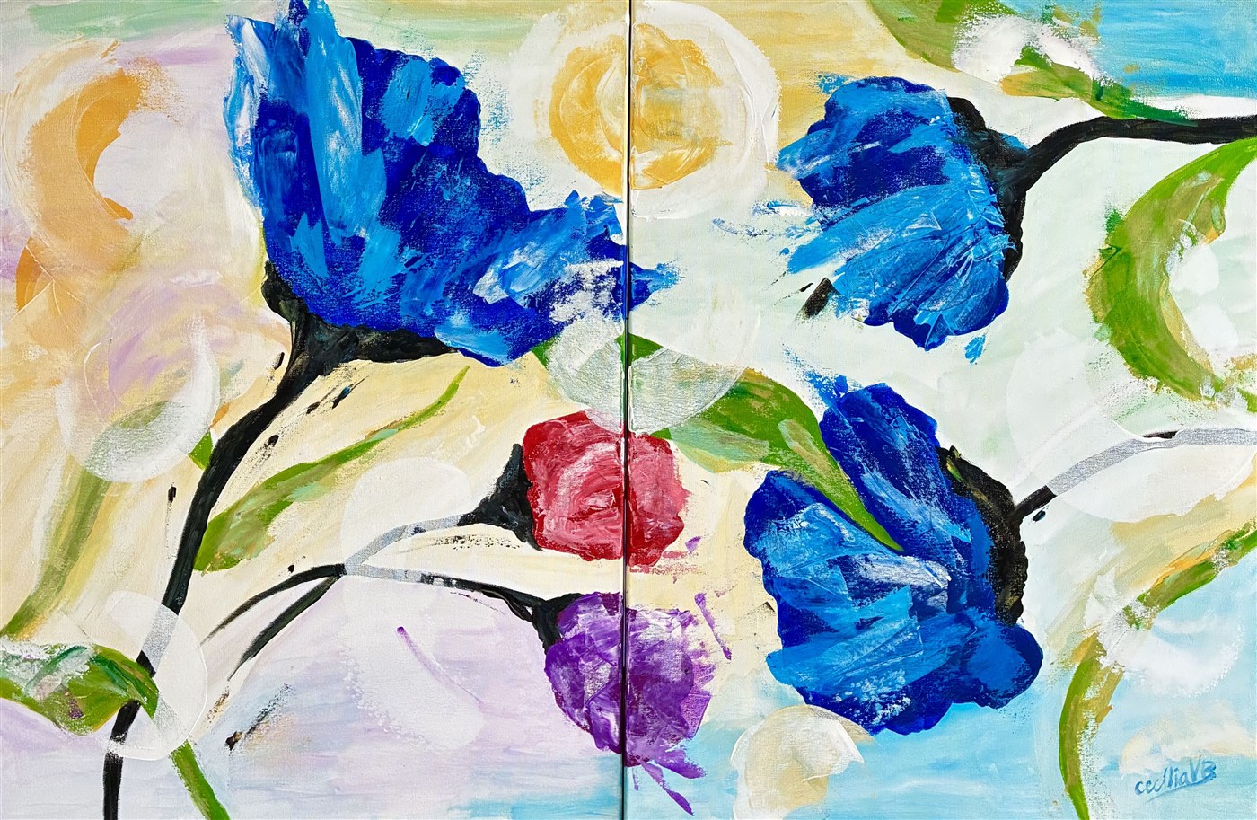 FLOWERS IN DECEMBER — díptico em acrílico sobre tela, 120x80cm, de Cecília Vilas Boas