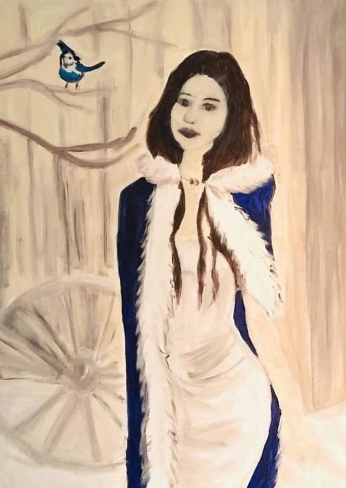 THE GIRL AND THE JAY — acrílico sobre tela, 80x60cm, de Cecília Vilas Boas