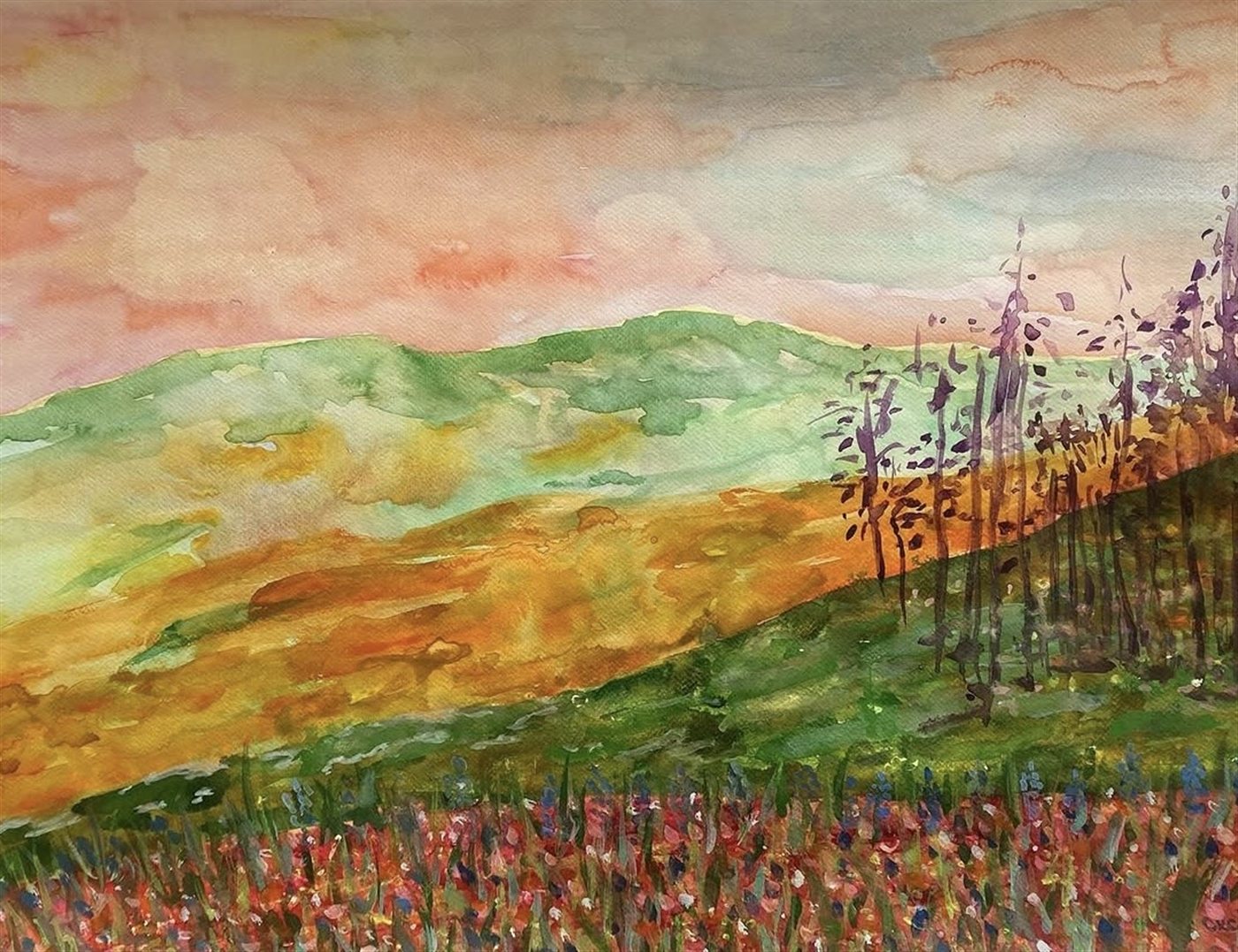 GOLDEN HILLS — aguarela sobre papel, 65x50cm, de Cecília Vilas Boas