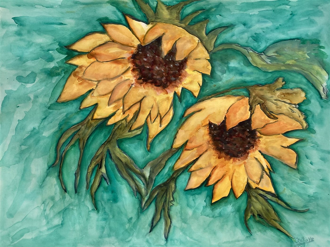 GOLDEN SUNFLOWERS — aguarela sobre papel, 65x50cm, de Cecília Vilas Boas