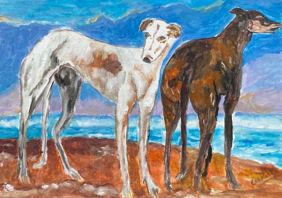 THE GREYHOUNDS OF THE COMTE DE CHOISEUL — óleo sobre papel, 42x29cm, de Cecília Vilas Boas