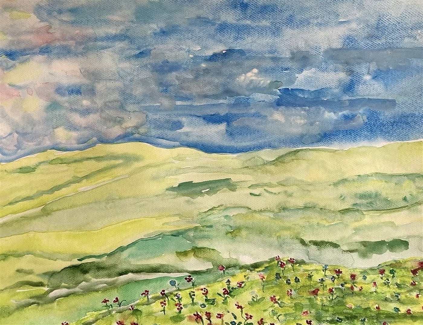 HILLSIDE IN BLOOM — aguarela sobre papel, 65x50cm, de Cecília Vilas Boas