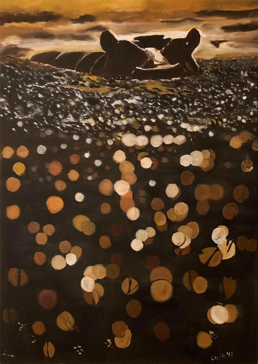 HIPPOS AT DUSK — óleo sobre tela, 50x70cm, de Cecília Vilas Boas
