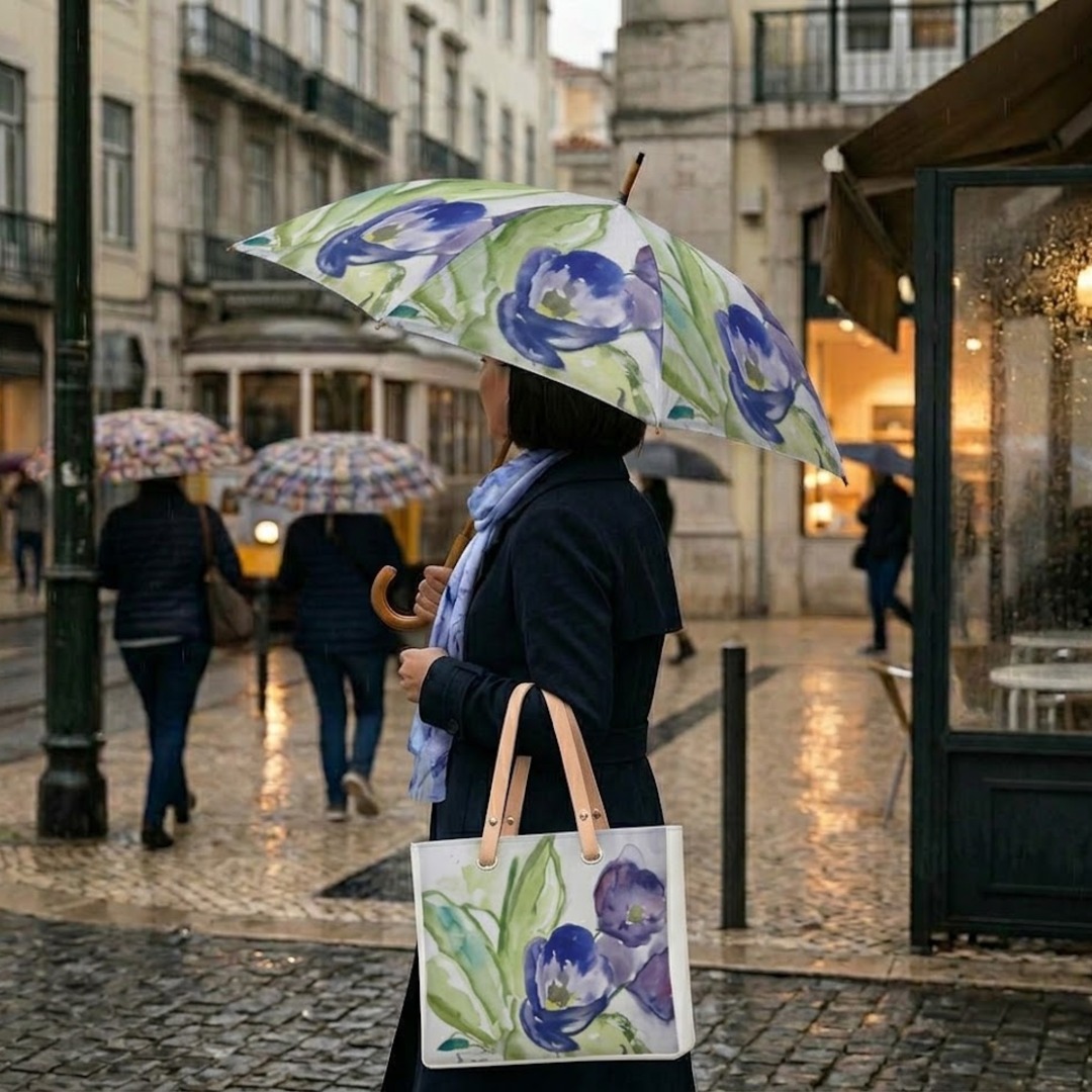Mulher com guarda-chuva e mala de aguarela de violetas, num dia de chuva em Lisboa