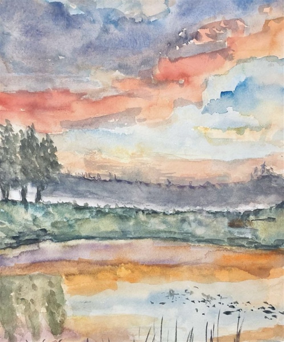 LAKE AT SUNSET — aguarela sobre papel, 15x21cm, de Cecília Vilas Boas