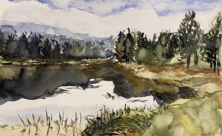 LAGO NAS MONTANHAS — aguarela sobre papel, 21x15cm, de Cecília Vilas Boas