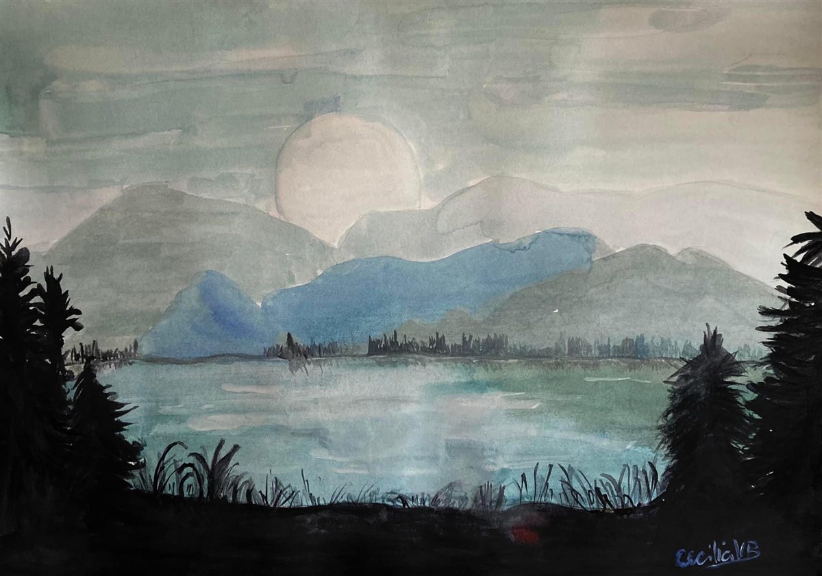 LUA SOBRE O LAGO — aguarela sobre papel, 42x29cm, de Cecília Vilas Boas