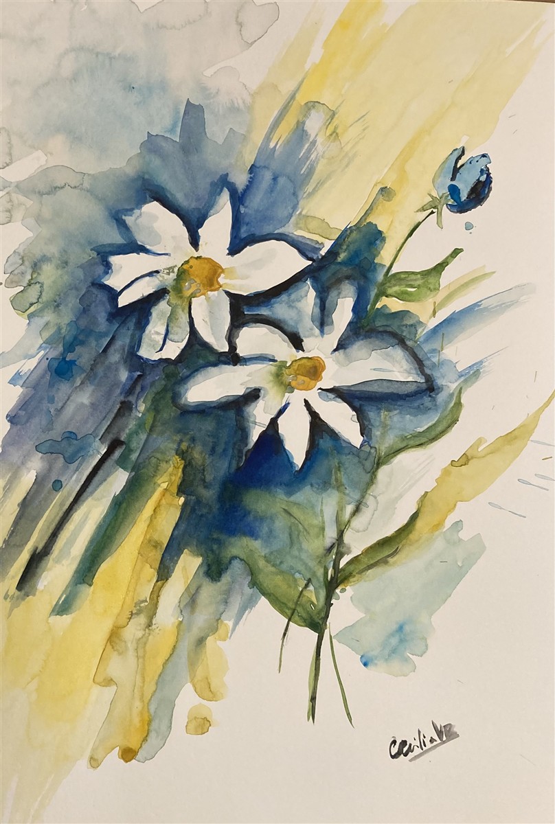 MARGARIDAS AZUIS — aguarela sobre papel, 29x42cm, de Cecília Vilas Boas