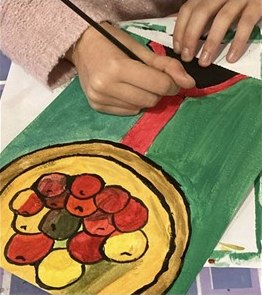 Pintura acrílica de uma taça de fruta, feita num workshop
