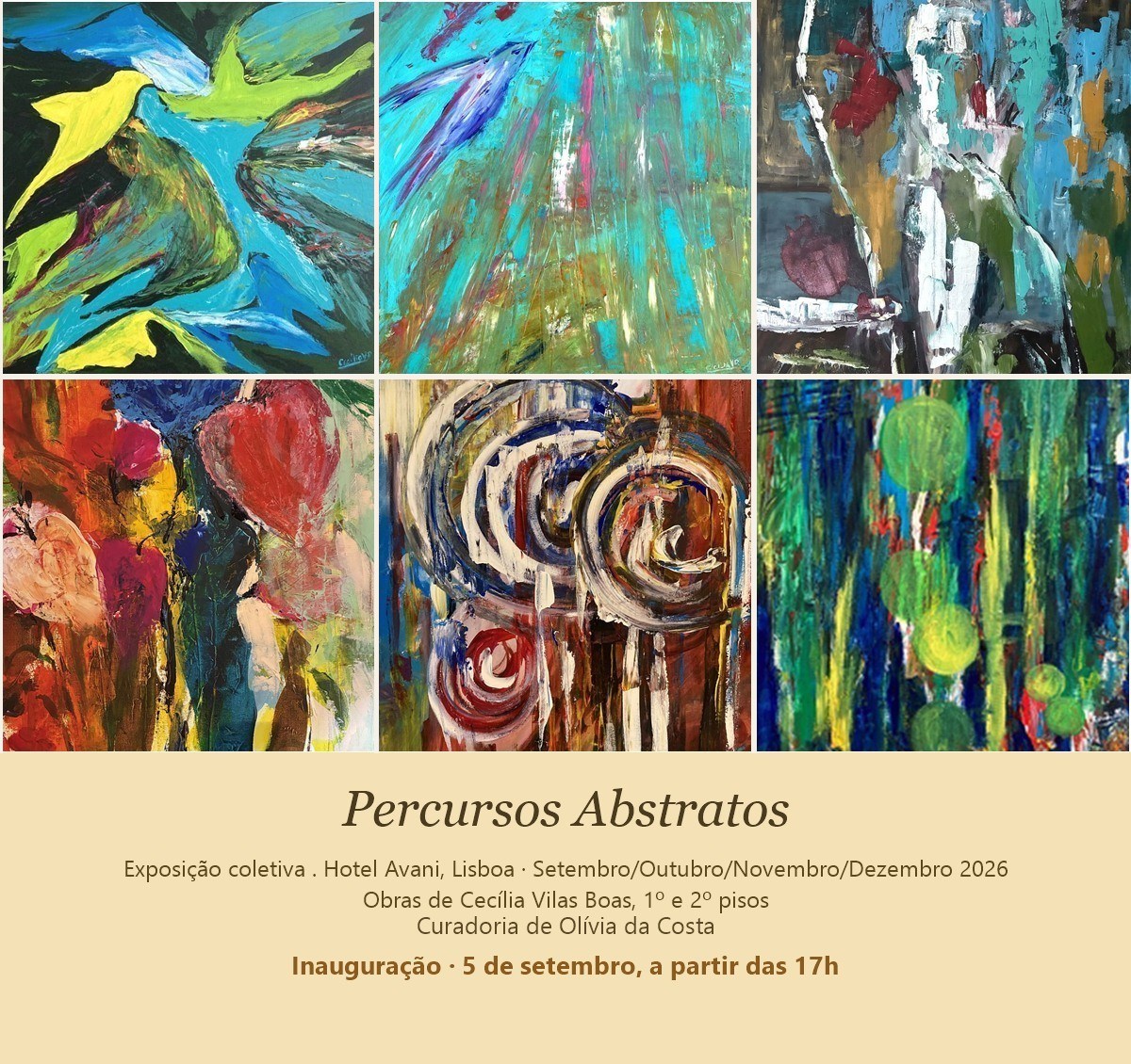 Mosaico das obras de Cecília Vilas Boas na exposição Percursos Abstratos, Hotel Avani, Lisboa, Setembro/Outubro/Novembro/Dezembro 2026, curadoria de Olívia da Costa