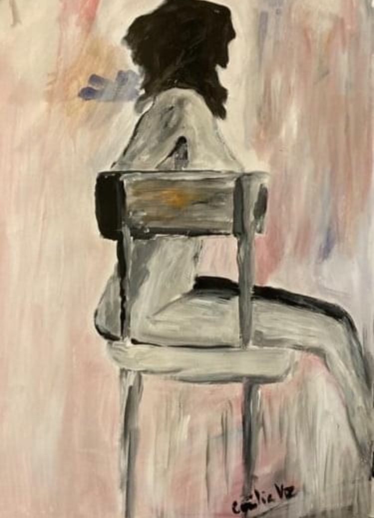 NA CADEIRA — óleo sobre papel, 29x42cm, de Cecília Vilas Boas