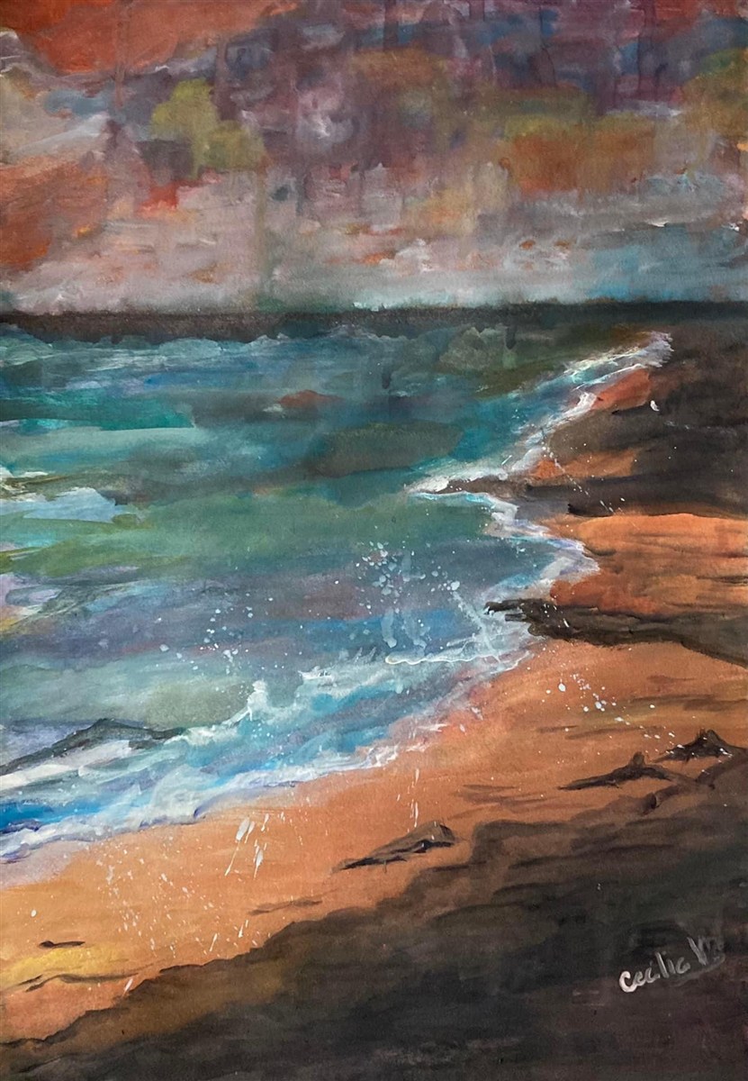 WAVES ON THE ROCKS — aguarela sobre papel, 29x42cm, de Cecília Vilas Boas