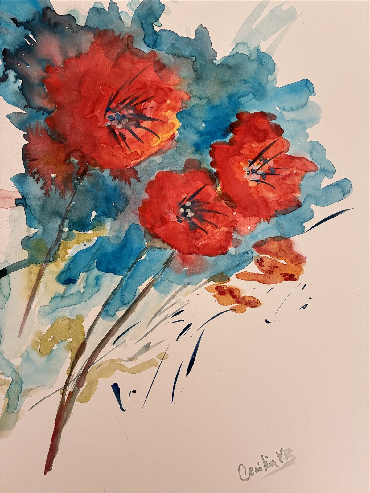 POPPIES IN THE WIND — aguarela sobre papel, 29x42cm, de Cecília Vilas Boas