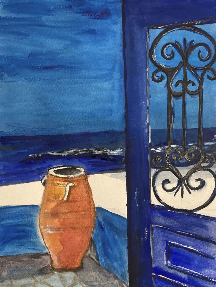 PÁTIO AZUL — aguarela sobre papel, 26x35cm, de Cecília Vilas Boas