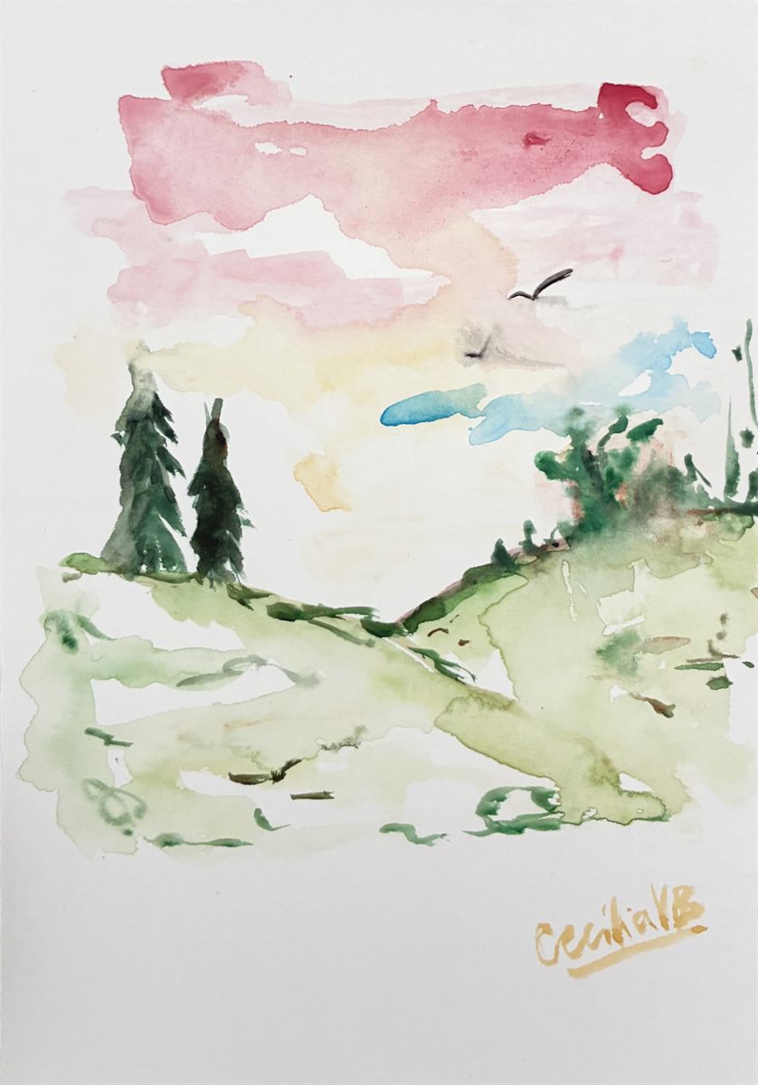 PINK HORIZON — aguarela sobre papel, 15x21cm, de Cecília Vilas Boas