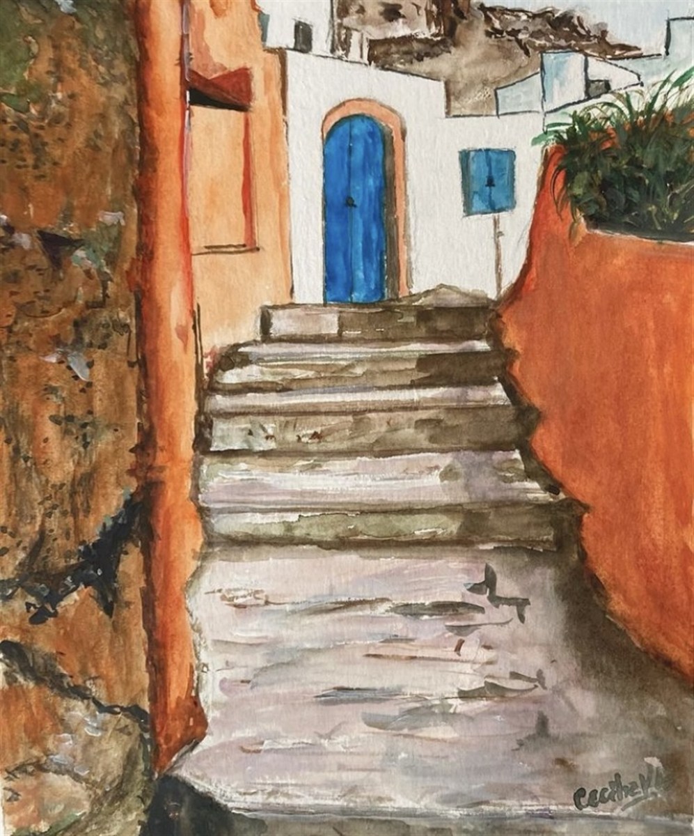BLUE DOOR — aguarela sobre papel, 21x29cm, de Cecília Vilas Boas