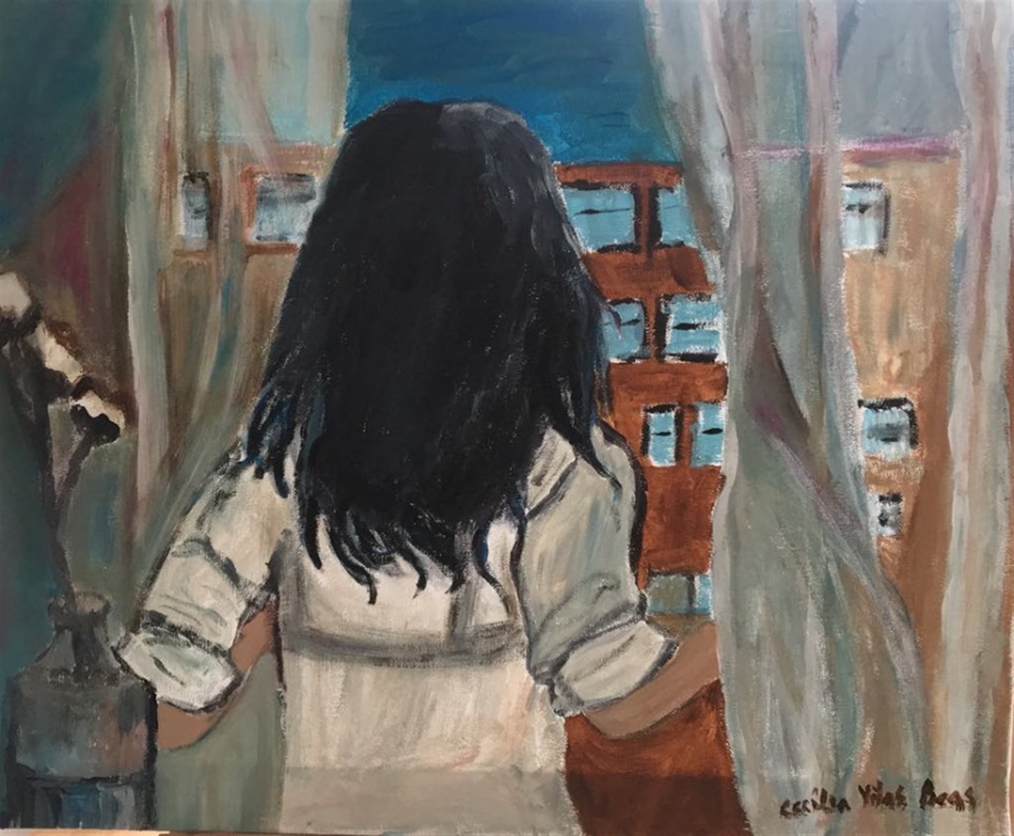 RAPARIGA À JANELA — óleo sobre tela, 50x40cm, de Cecília Vilas Boas