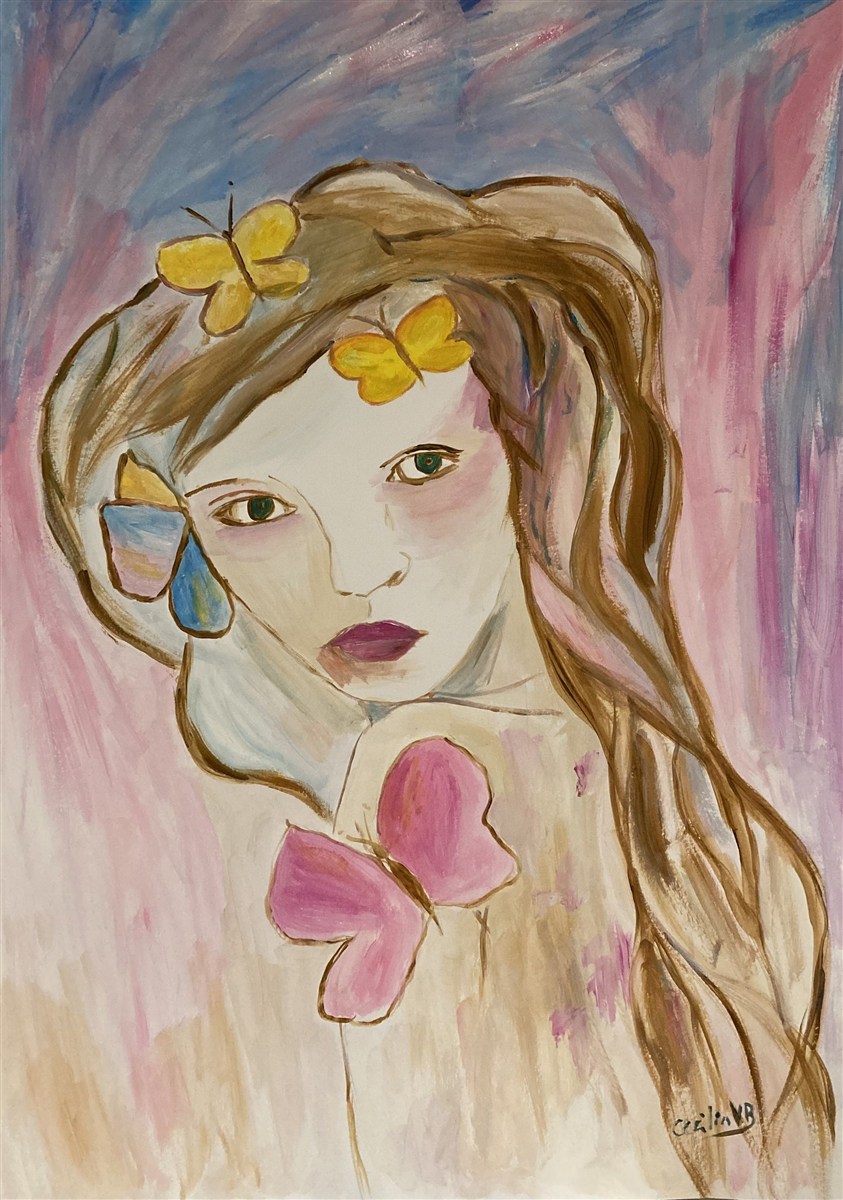 ENIGMATIC GIRL — pintura em acrílico sobre papel com moldura, 70x100cm, de Cecília Vilas Boas