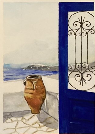 RECANTO MEDITERRÂNICO — aguarela sobre papel, 26x35cm, de Cecília Vilas Boas