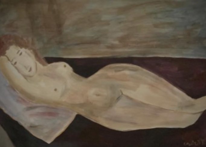 RECLINING NUDE WITH HEAD RESTING ON RIGHT ARM — óleo sobre papel, 42x29cm, de Cecília Vilas Boas