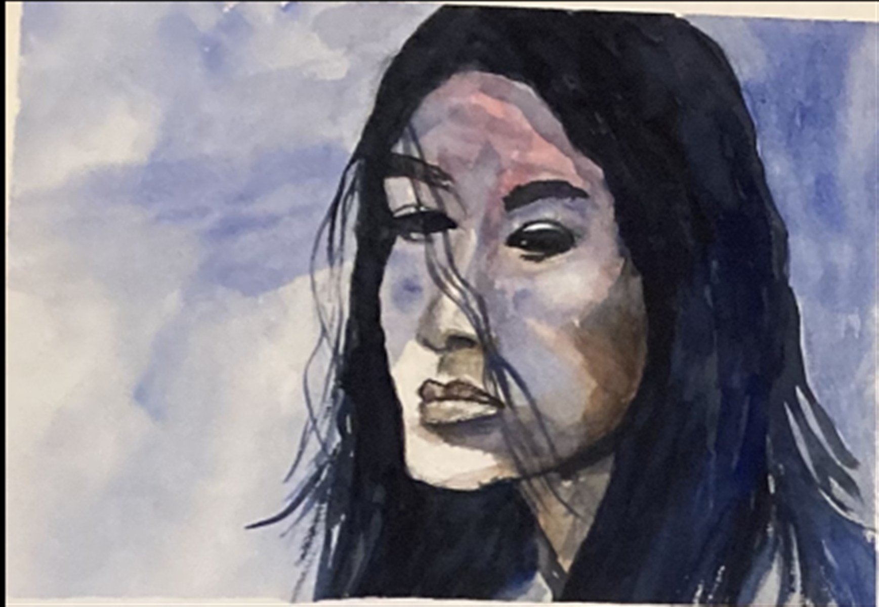 PORTRAIT IN BLUE — pintura em aguarela sobre papel, 35x26cm, de Cecília Vilas Boas
