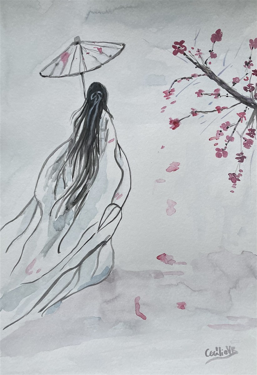 PETALS IN THE WIND — aguarela sobre papel, 29x42cm, de Cecília Vilas Boas