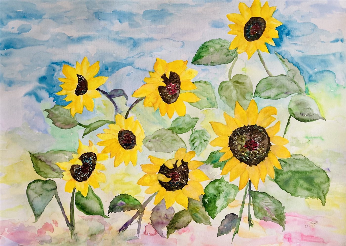 SUNFLOWERS IN BLOOM — aguarela sobre papel, 104x74cm, de Cecília Vilas Boas