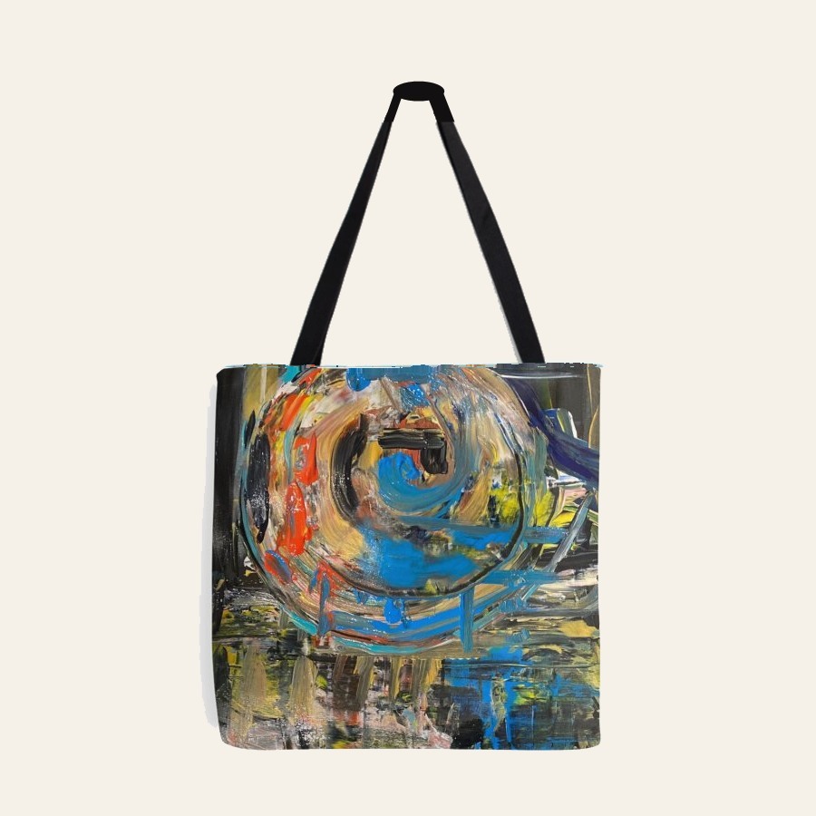 Tote bag Coração Azul, com uma pintura abstrata em círculo azul, de Cecília Vilas Boas