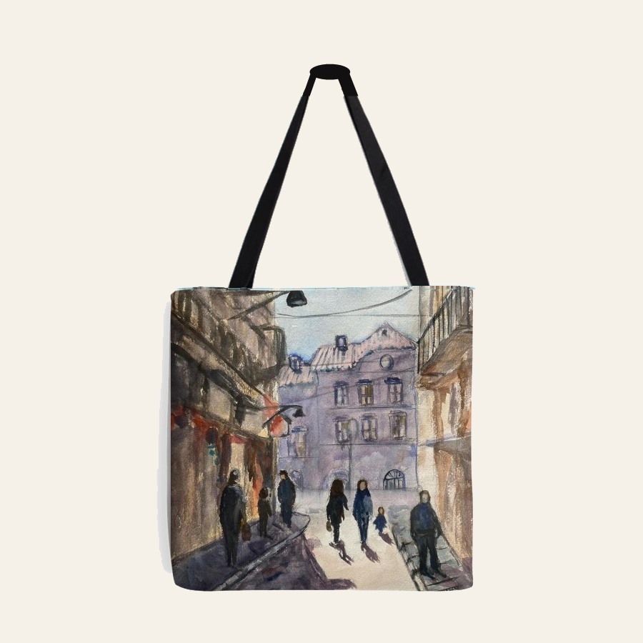 Tote bag Luz de Lisboa, com a aguarela de uma rua de Lisboa, de Cecília Vilas Boas