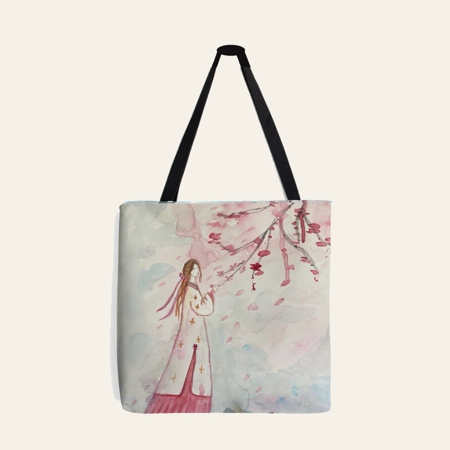 Tote bag Zen, com a aguarela de uma figura sob os ramos de cerejeira em flor, de Cecília Vilas Boas