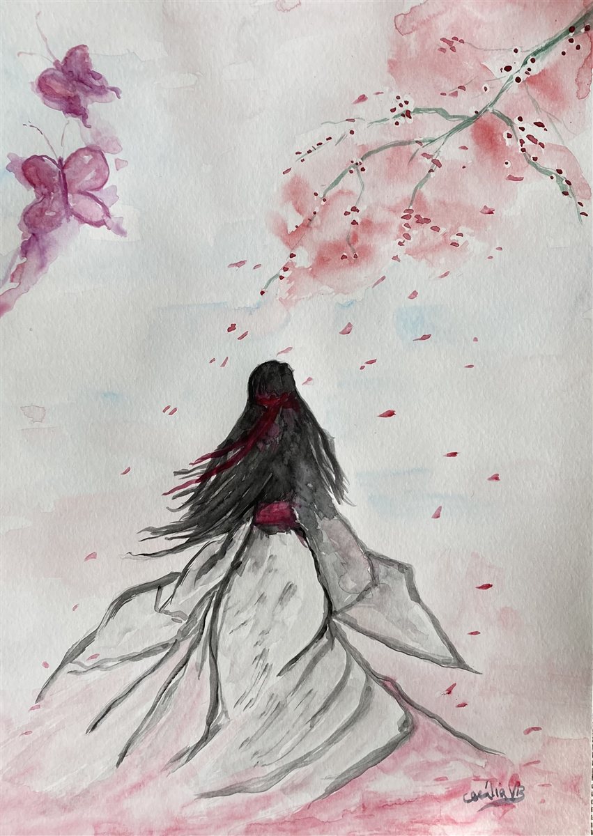 VENTO DE CEREJEIRA — aguarela sobre papel, 29x42cm, de Cecília Vilas Boas