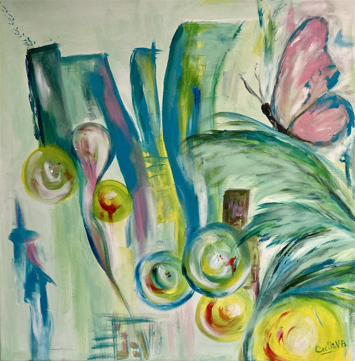 VOO DE PRIMAVERA — acrílico sobre tela, 60x60cm, de Cecília Vilas Boas