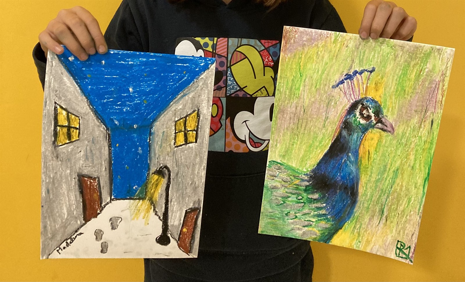 Desenhos a pastel de óleo: rua à noite e pavão
